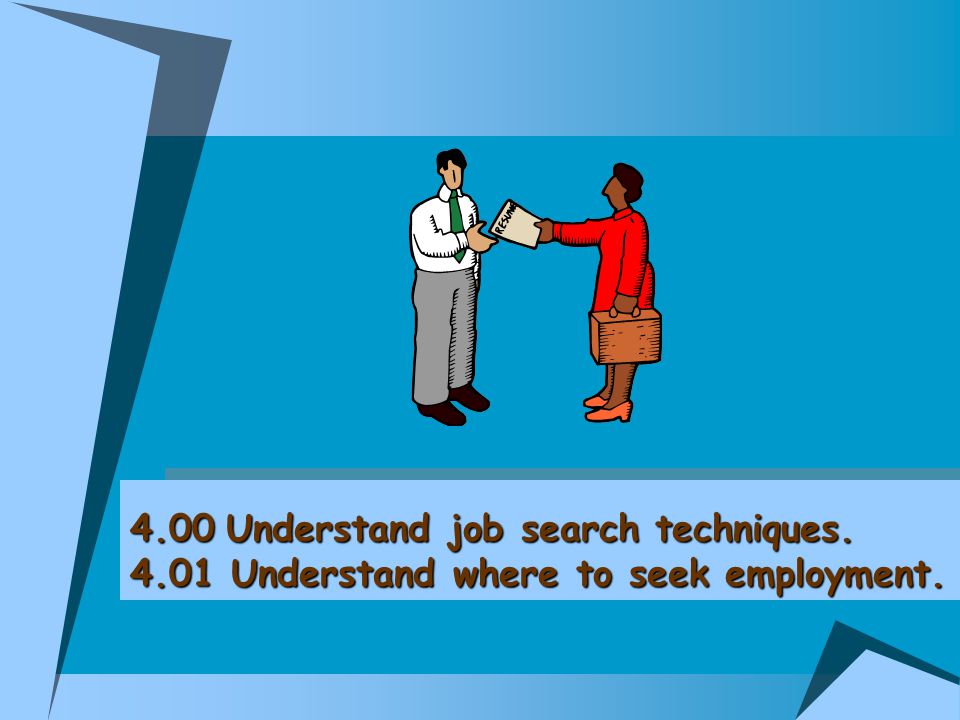 4.00Understand job search techniques Understand where to seek employment.