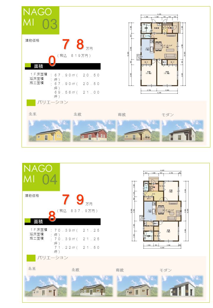 １ｆ床面積２ｆ床面積延床面積バルコニー施工面積 ２９ ８１ ９ ００ 坪 ５９ ６２ １８ ００ 坪 ２ ４８ ０ ７５坪 ６３ ７６ １９ ２５ 坪 01 バリエーション北米北欧南欧キューブ建物価格７６ ８