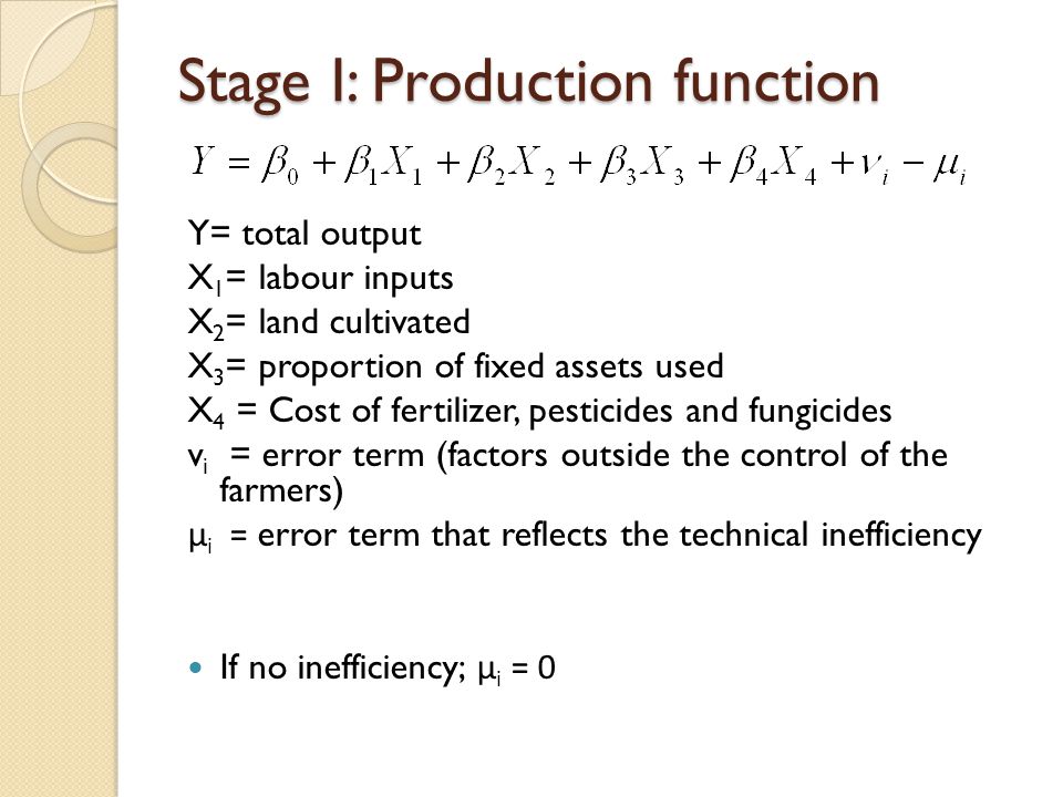 Stage I: Production function Y= total output X 1 = labour inputs X 2 = land cultivated X 3 = proportion of fixed assets used X 4 = Cost of fertilizer, pesticides and fungicides v i = error term (factors outside the control of the farmers) μ i = error term that reflects the technical inefficiency If no inefficiency; μ i = 0