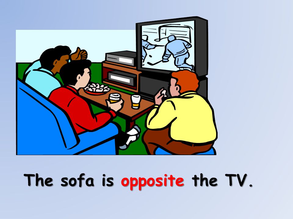 The sofa is opposite the TV.