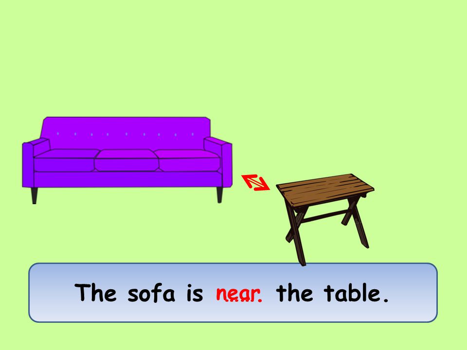 The sofa is ……. the table. near