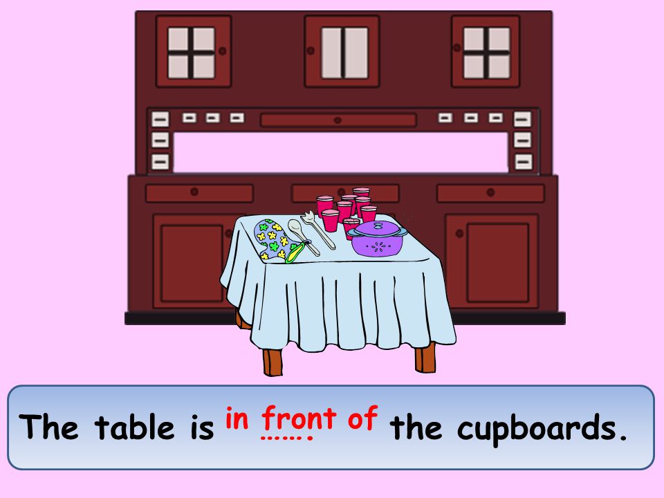 The table is ……. the cupboards. in front of