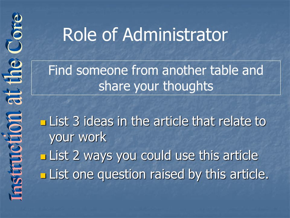 Role of Administrator List 3 ideas in the article that relate to your work List 3 ideas in the article that relate to your work List 2 ways you could use this article List 2 ways you could use this article List one question raised by this article.