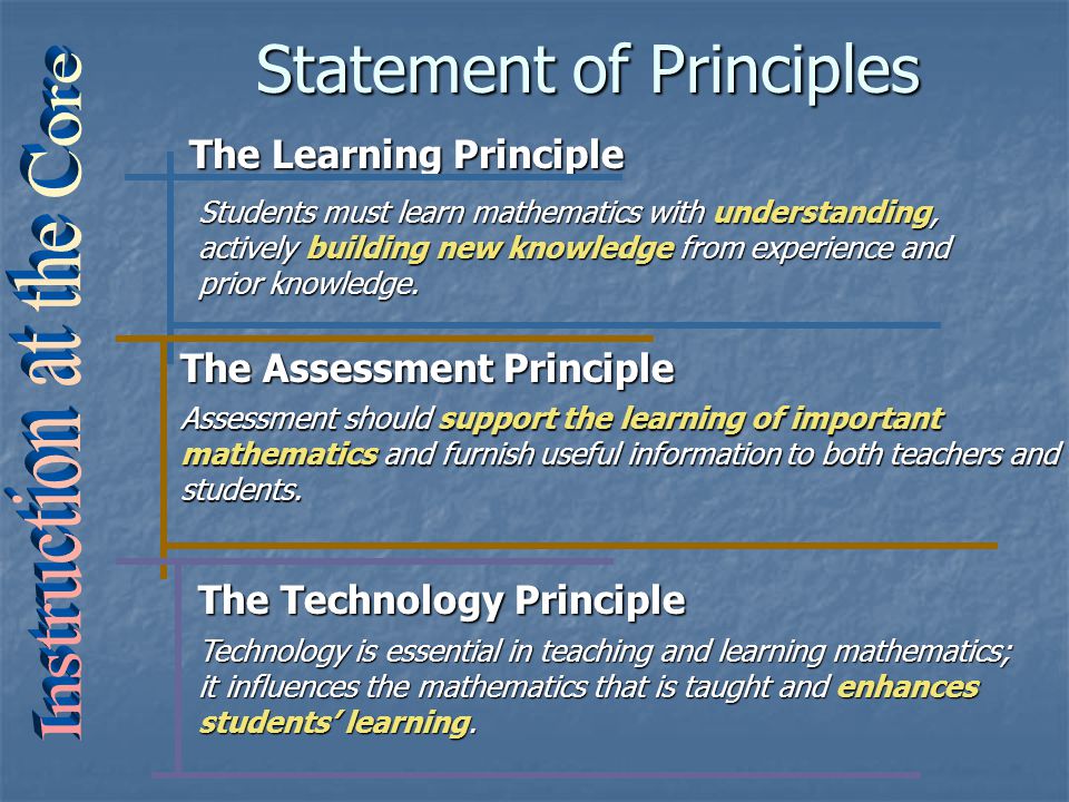 Statement of Principles The Learning Principle Students must learn mathematics with understanding, actively building new knowledge from experience and prior knowledge.