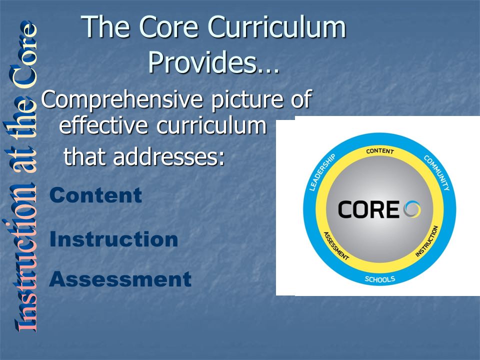 The Core Curriculum Provides… Content Instruction Assessment Comprehensive picture of effective curriculum that addresses: that addresses: