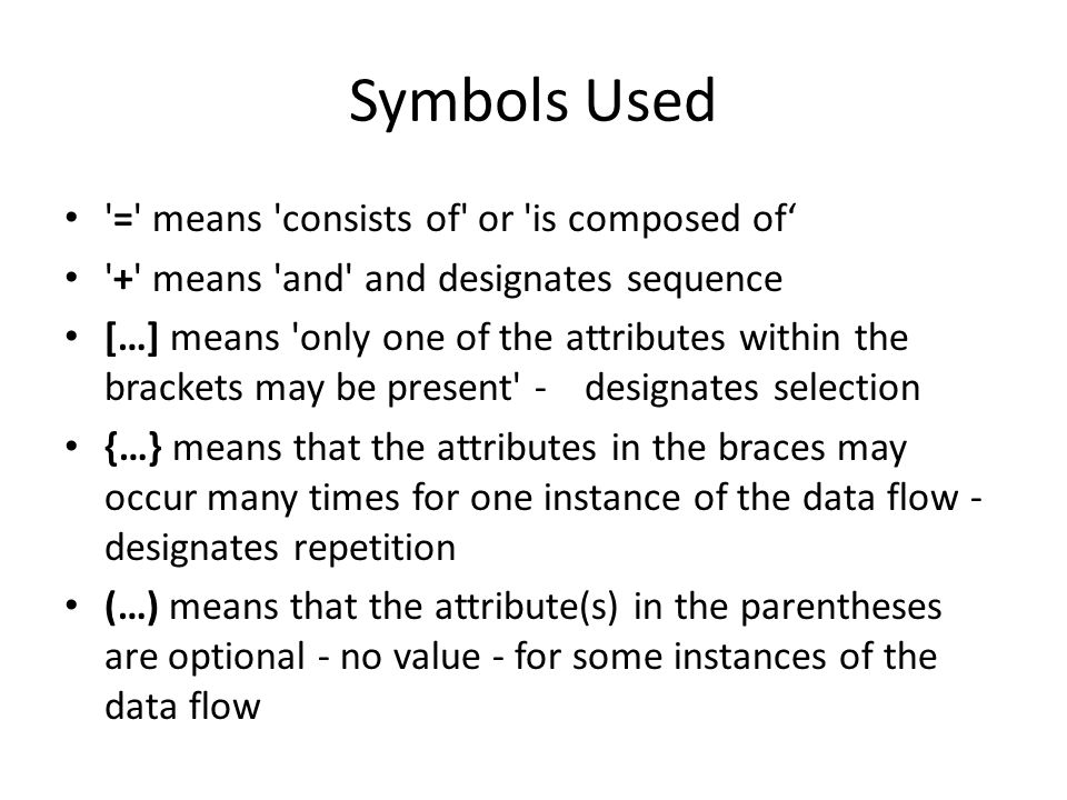 Symbols Used = means consists of or is composed of‘ + means and and designates sequence […] means only one of the attributes within the brackets may be present - designates selection {…} means that the attributes in the braces may occur many times for one instance of the data flow - designates repetition (…) means that the attribute(s) in the parentheses are optional - no value - for some instances of the data flow