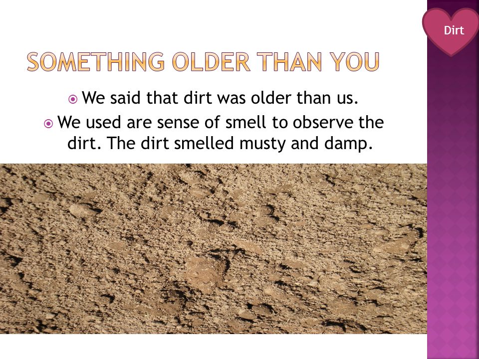  We said that dirt was older than us.  We used are sense of smell to observe the dirt.