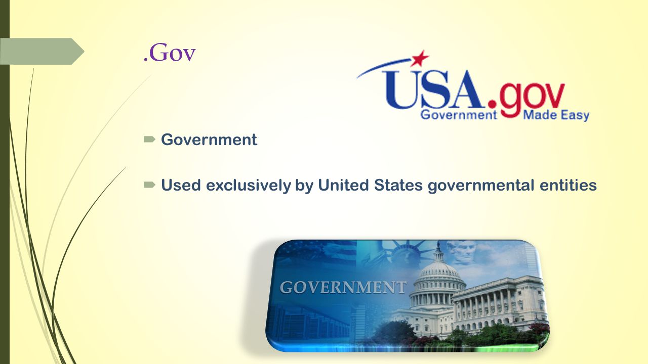 .Gov  Government  Used exclusively by United States governmental entities