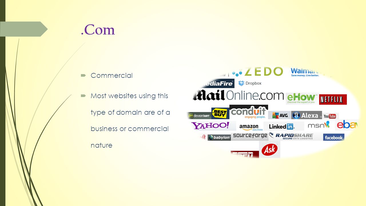 .Com  Commercial  Most websites using this type of domain are of a business or commercial nature