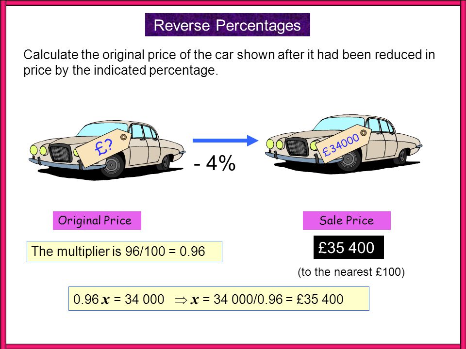 Reverse Percentages Calculate the original price of the sideboard shown after it had been reduced in price by the indicated percentage.