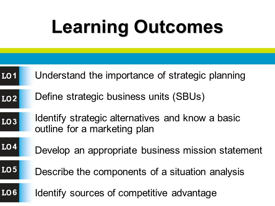 2 Learning Outcomes Understand the importance of strategic planning Define strategic business units (SBUs) Identify strategic alternatives and know a basic outline for a marketing plan Develop an appropriate business mission statement Describe the components of a situation analysis Identify sources of competitive advantage