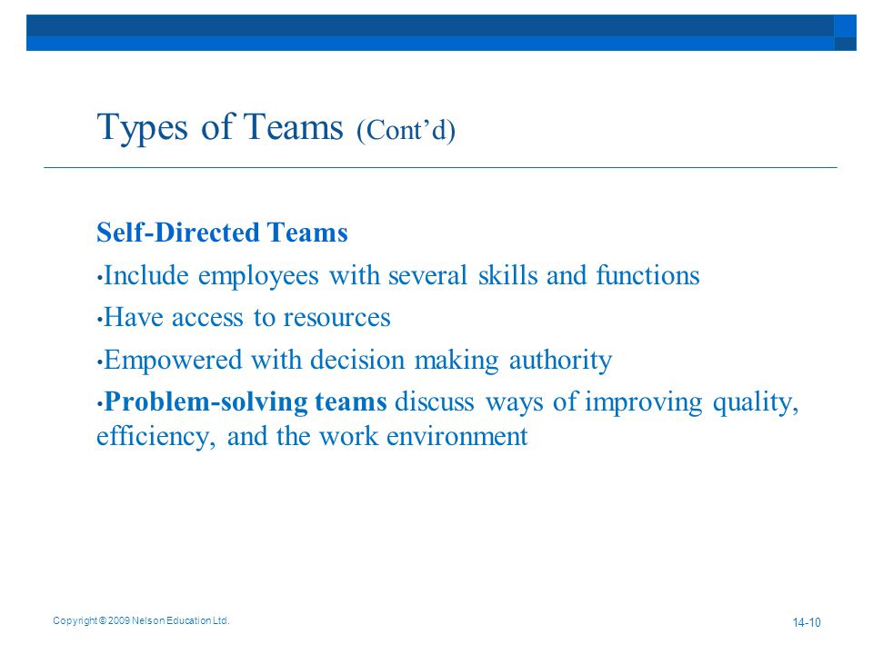 Types of Teams (Cont’d) Self-Directed Teams Include employees with several skills and functions Have access to resources Empowered with decision making authority Problem-solving teams discuss ways of improving quality, efficiency, and the work environment Copyright © 2009 Nelson Education Ltd.