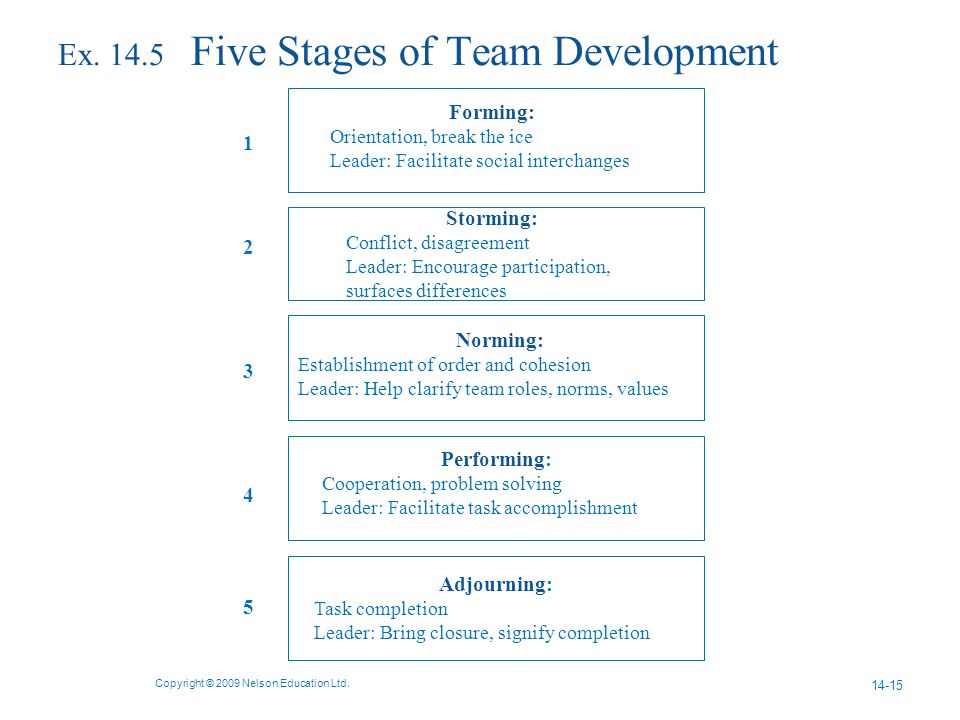 Ex Five Stages of Team Development Copyright © 2009 Nelson Education Ltd.