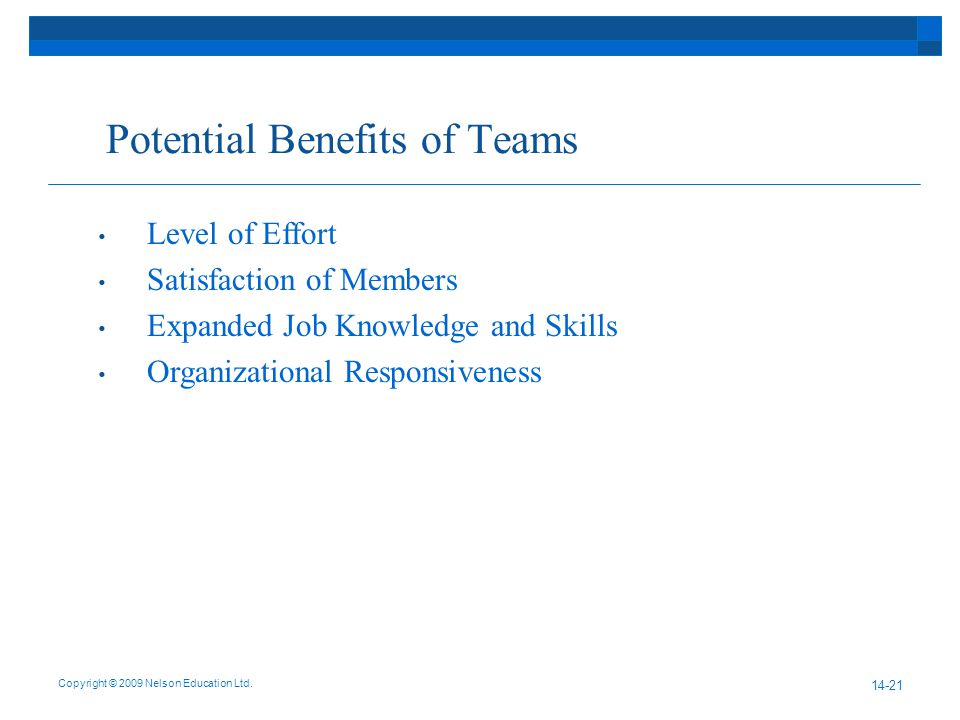Potential Benefits of Teams Copyright © 2009 Nelson Education Ltd.