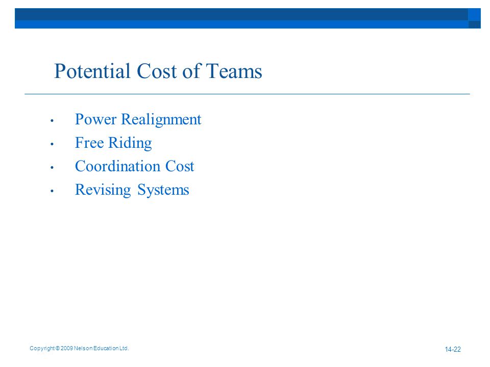 Potential Cost of Teams Power Realignment Free Riding Coordination Cost Revising Systems Copyright © 2009 Nelson Education Ltd.