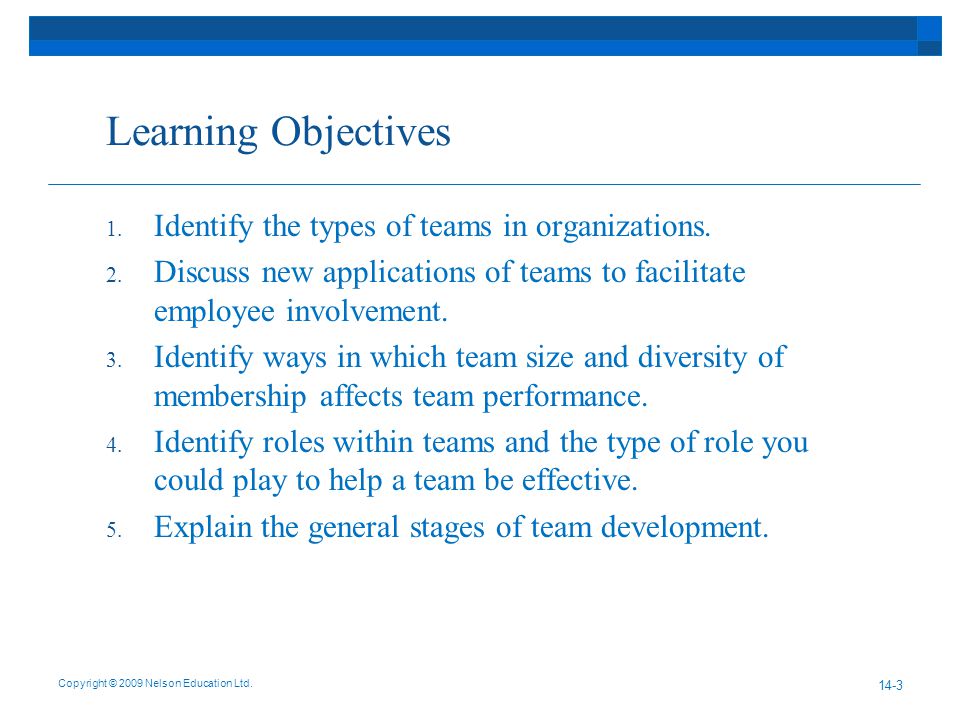 Learning Objectives 1. Identify the types of teams in organizations.