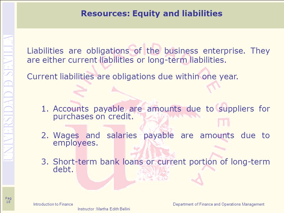 Introduction to Finance Department of Finance and Operations Management Instructor :Martha Edith Bellini Pag 18 Resources: Equity and liabilities Liabilities are obligations of the business enterprise.