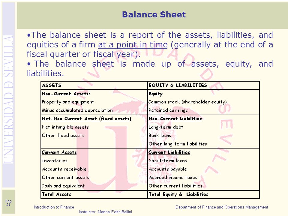 Introduction to Finance Department of Finance and Operations Management Instructor :Martha Edith Bellini Pag 21 Balance Sheet The balance sheet is a report of the assets, liabilities, and equities of a firm at a point in time (generally at the end of a fiscal quarter or fiscal year).