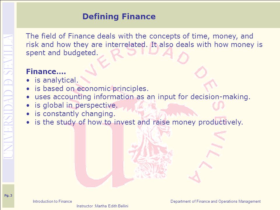 Introduction to Finance Department of Finance and Operations Management Instructor :Martha Edith Bellini Pg.