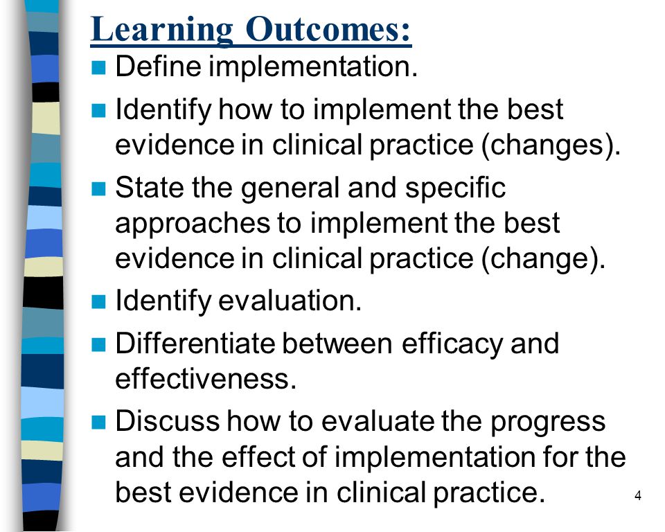 4 Learning Outcomes: Define implementation.