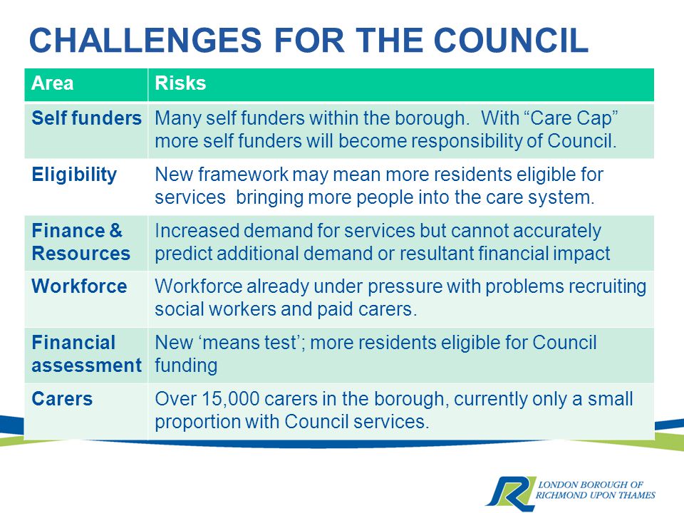 CHALLENGES FOR THE COUNCIL AreaRisks Self fundersMany self funders within the borough.