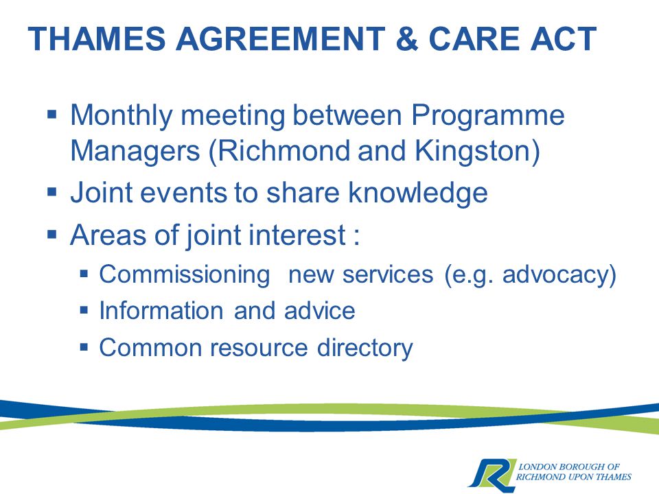 THAMES AGREEMENT & CARE ACT  Monthly meeting between Programme Managers (Richmond and Kingston)  Joint events to share knowledge  Areas of joint interest :  Commissioning new services (e.g.