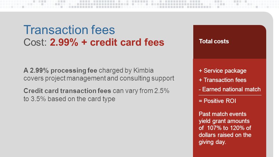 A 2.99% processing fee charged by Kimbia covers project management and consulting support Credit card transaction fees can vary from 2.5% to 3.5% based on the card type + Service package + Transaction fees - Earned national match = Positive ROI Total costs Transaction fees Cost: 2.99% + credit card fees Past match events yield grant amounts of 107% to 120% of dollars raised on the giving day.