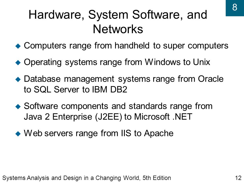 8 Hardware, System Software, and Networks  Computers range from handheld to super computers  Operating systems range from Windows to Unix  Database management systems range from Oracle to SQL Server to IBM DB2  Software components and standards range from Java 2 Enterprise (J2EE) to Microsoft.NET  Web servers range from IIS to Apache Systems Analysis and Design in a Changing World, 5th Edition12