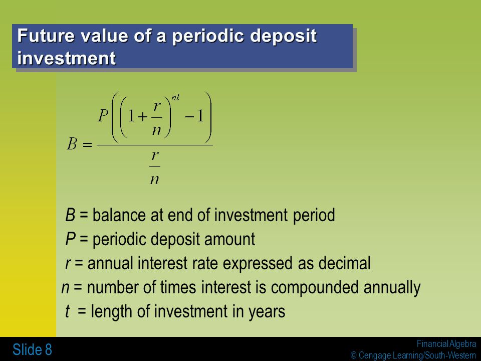 Financial Algebra © Cengage Learning/South-Western Slide 8 Future value of a periodic deposit investment B = balance at end of investment period P = periodic deposit amount r = annual interest rate expressed as decimal n = number of times interest is compounded annually t = length of investment in years