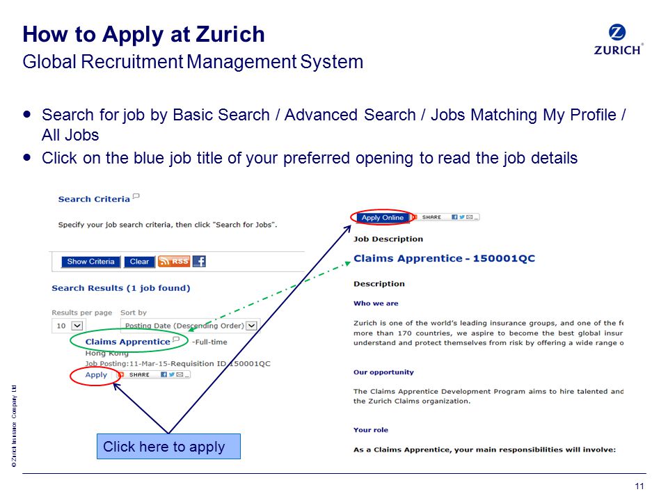 © Zurich Insurance Company Ltd Global Recruitment Management System How to Apply at Zurich  Search for job by Basic Search / Advanced Search / Jobs Matching My Profile / All Jobs  Click on the blue job title of your preferred opening to read the job details Click here to apply 11