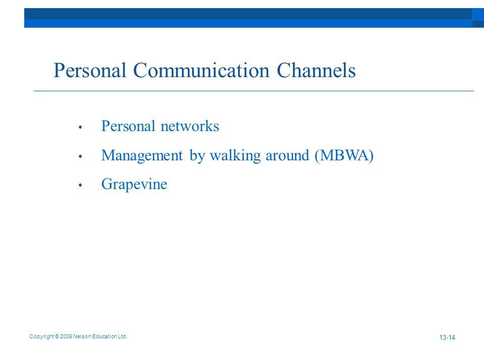 Personal Communication Channels Copyright © 2009 Nelson Education Ltd.