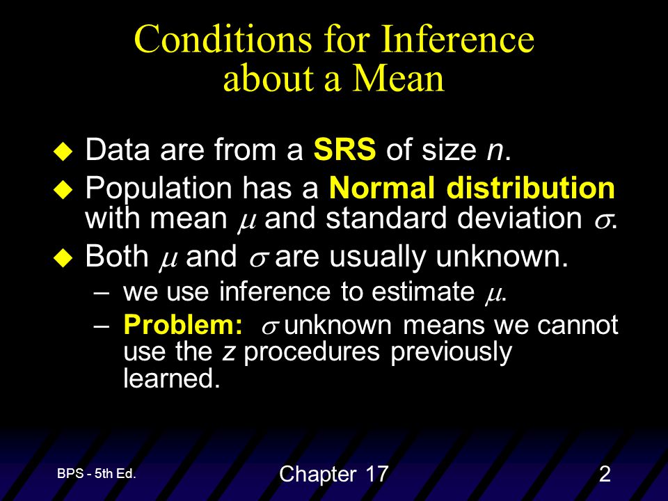 BPS - 5th Ed. Chapter 172 Conditions for Inference about a Mean u Data are from a SRS of size n.