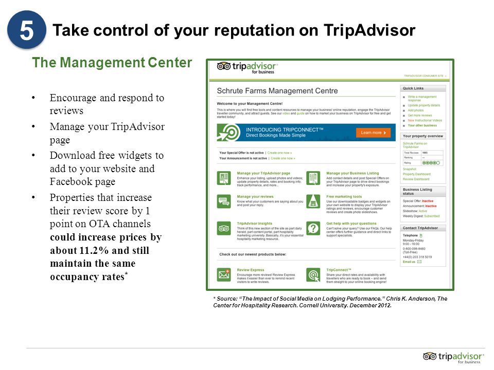 Take control of your reputation on TripAdvisor Encourage and respond to reviews Manage your TripAdvisor page Download free widgets to add to your website and Facebook page Properties that increase their review score by 1 point on OTA channels could increase prices by about 11.2% and still maintain the same occupancy rates * The Management Center * Source: The Impact of Social Media on Lodging Performance. Chris K.