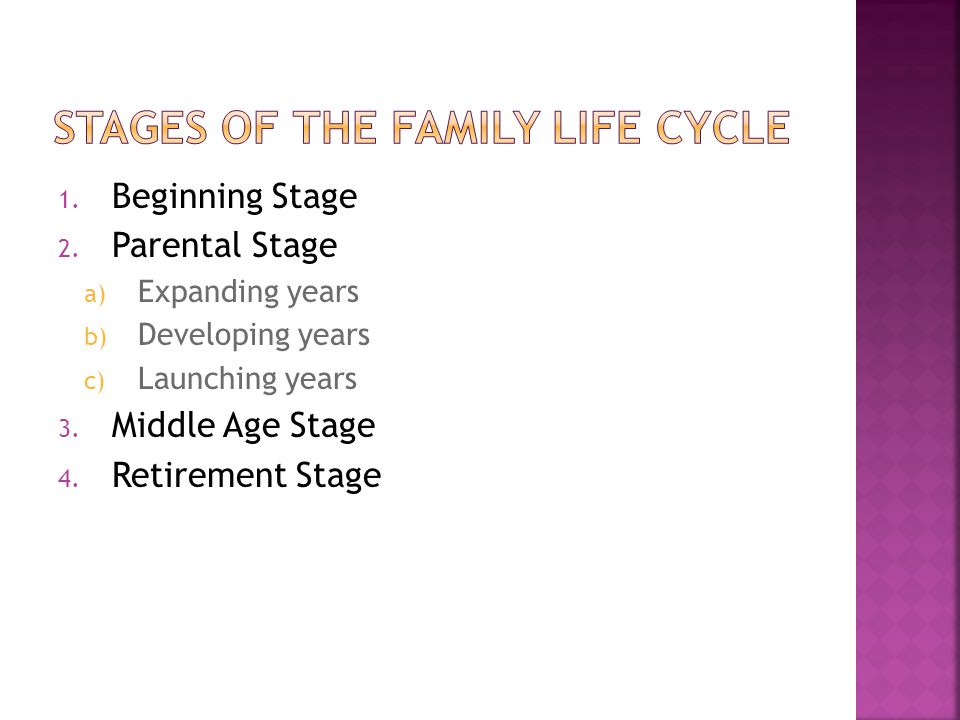1. Beginning Stage 2. Parental Stage a) Expanding years b) Developing years c) Launching years 3.