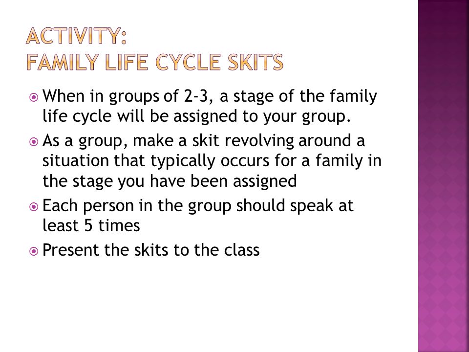  When in groups of 2-3, a stage of the family life cycle will be assigned to your group.