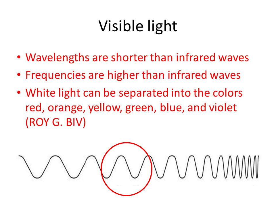 Visible light Wavelengths are shorter than infrared waves Frequencies are higher than infrared waves White light can be separated into the colors red, orange, yellow, green, blue, and violet (ROY G.