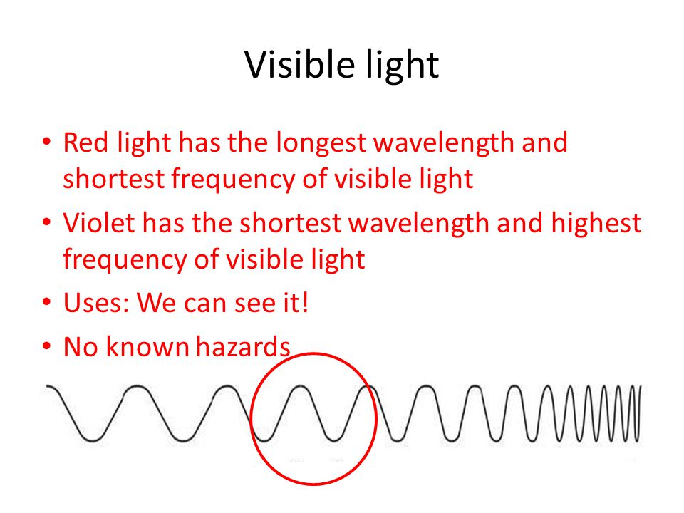 Visible light Red light has the longest wavelength and shortest frequency of visible light Violet has the shortest wavelength and highest frequency of visible light Uses: We can see it.
