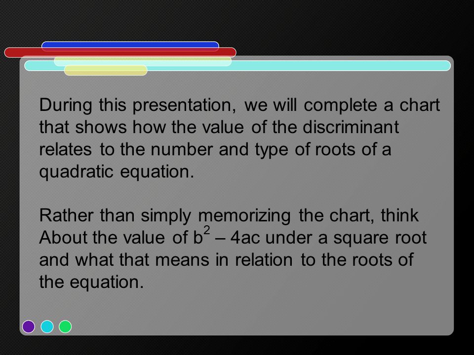During this presentation, we will complete a chart that shows how the value of the discriminant relates to the number and type of roots of a quadratic equation.