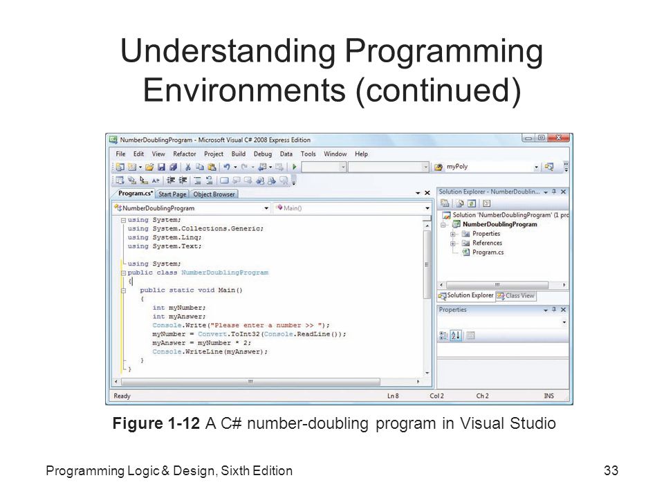 Understanding Programming Environments (continued) Figure 1-12 A C# number-doubling program in Visual Studio Programming Logic & Design, Sixth Edition33