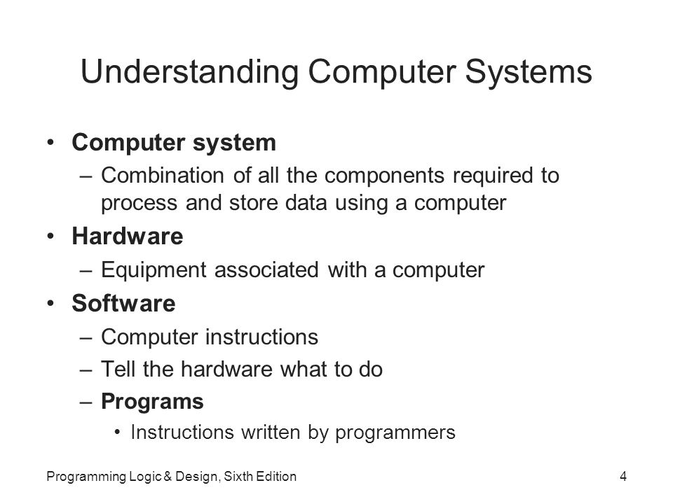 Understanding Computer Systems Computer system –Combination of all the components required to process and store data using a computer Hardware –Equipment associated with a computer Software –Computer instructions –Tell the hardware what to do –Programs Instructions written by programmers Programming Logic & Design, Sixth Edition4
