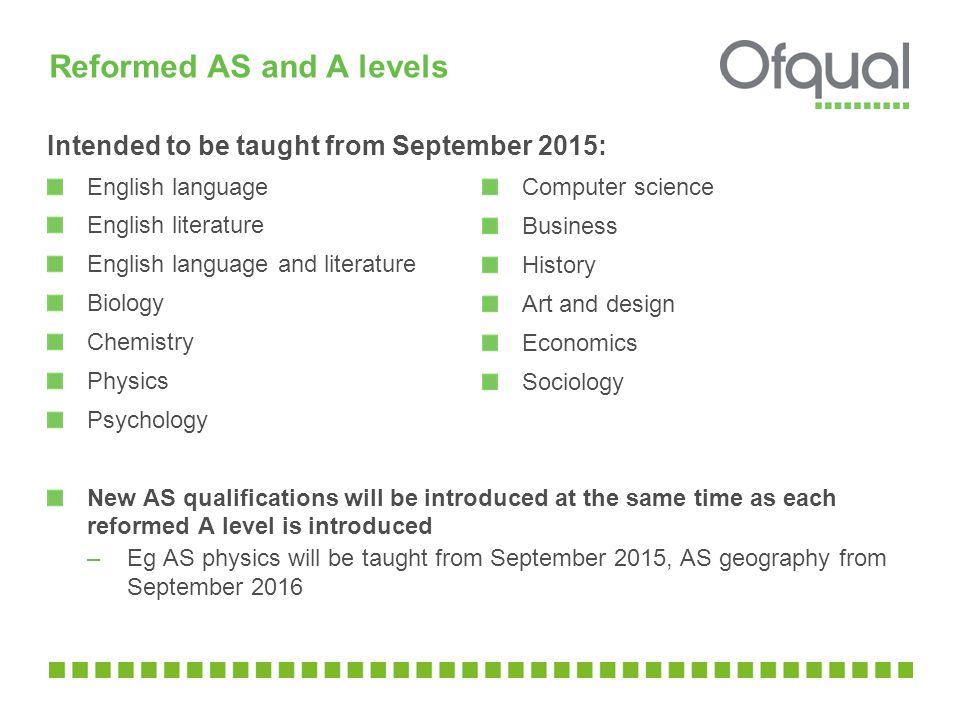 Reformed AS and A levels Intended to be taught from September 2015: English language English literature English language and literature Biology Chemistry Physics Psychology New AS qualifications will be introduced at the same time as each reformed A level is introduced –Eg AS physics will be taught from September 2015, AS geography from September 2016 Computer science Business History Art and design Economics Sociology