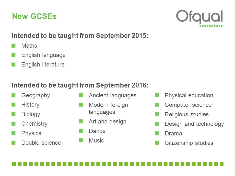 New GCSEs Intended to be taught from September 2015: Maths English language English literature Intended to be taught from September 2016: Geography History Biology Chemistry Physics Double science Ancient languages Modern foreign languages Art and design Dance Music Physical education Computer science Religious studies Design and technology Drama Citizenship studies