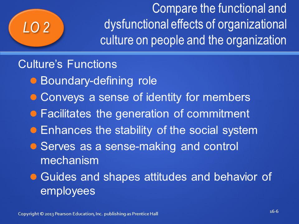 Compare the functional and dysfunctional effects of organizational culture on people and the organization Copyright © 2013 Pearson Education, Inc.
