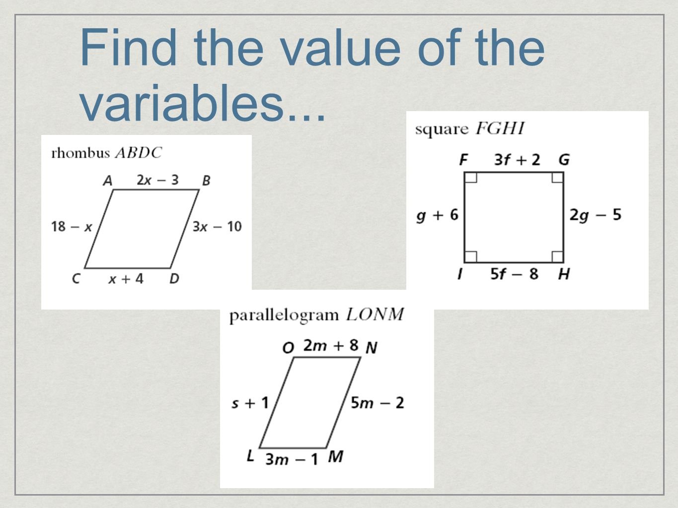 Find the value of the variables...
