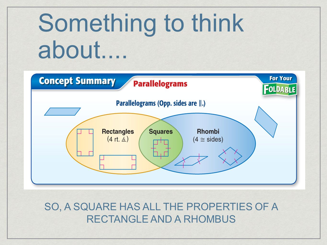 Something to think about.... SO, A SQUARE HAS ALL THE PROPERTIES OF A RECTANGLE AND A RHOMBUS