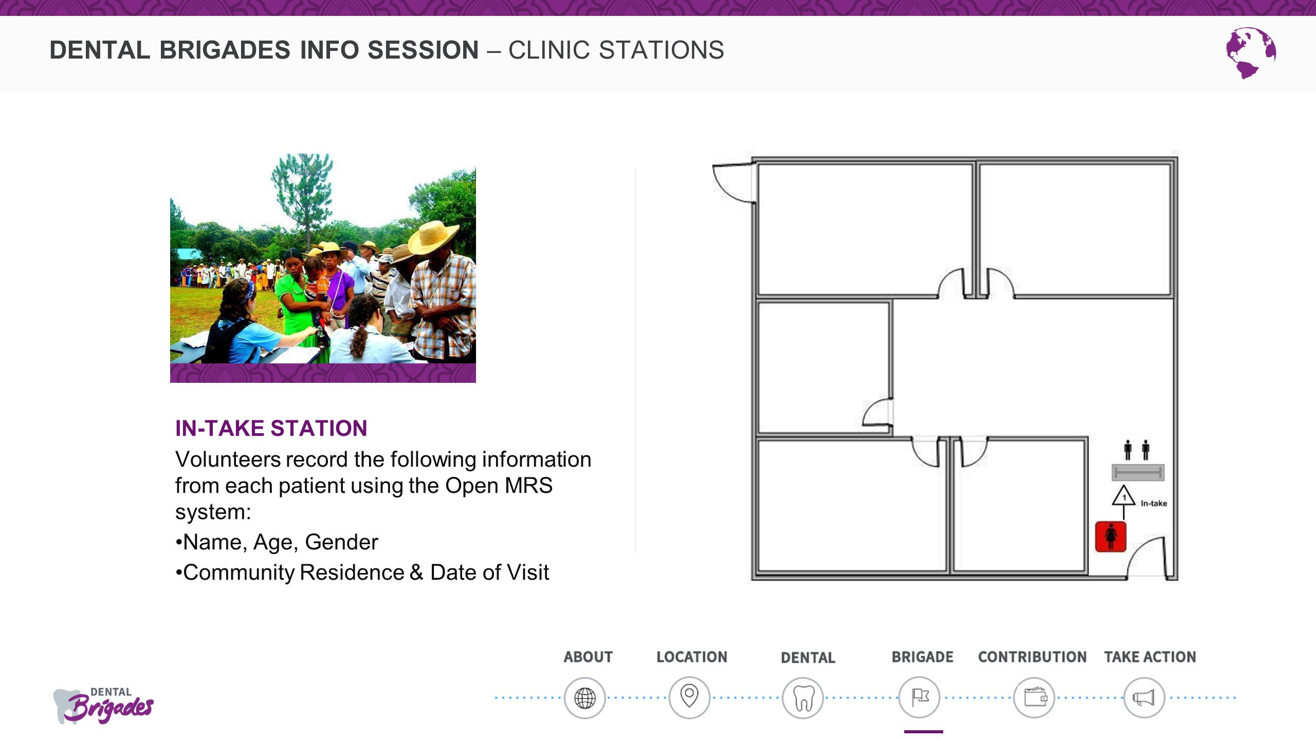 DENTAL BRIGADES INFO SESSION – CLINIC STATIONS IN-TAKE STATION Volunteers record the following information from each patient using the Open MRS system: Name, Age, Gender Community Residence & Date of Visit