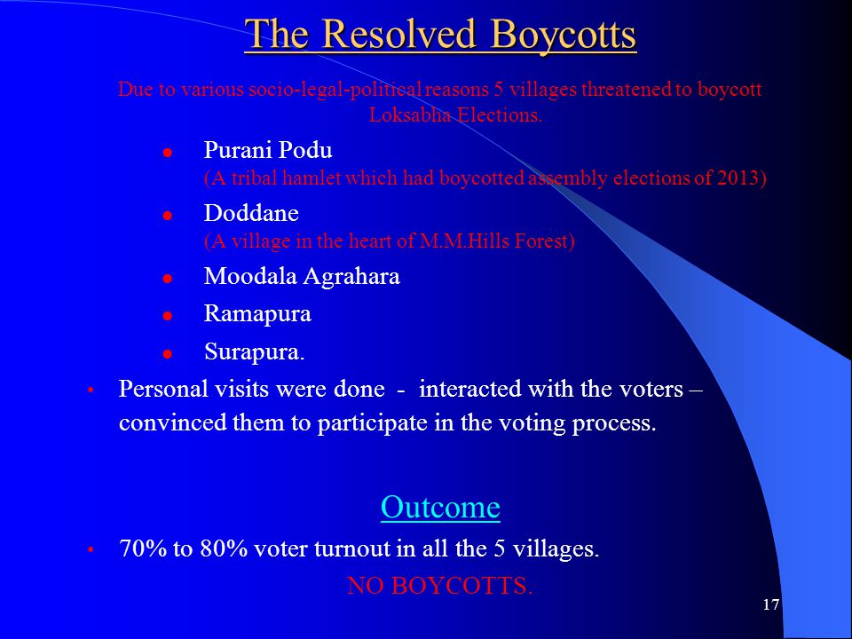 The Resolved Boycotts Due to various socio-legal-political reasons 5 villages threatened to boycott Loksabha Elections.