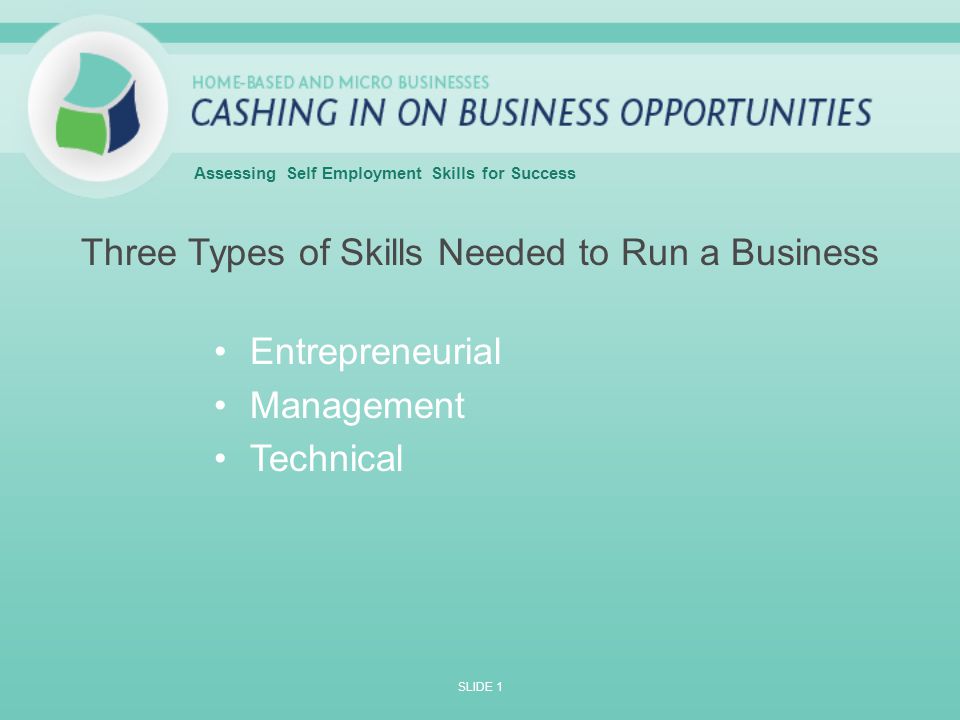 Essing Self Employment Skills For Success Three Types Of Essing Self Employment Skills For Success 2 Three Types Of Needed To Run A Business Entrepreneurial Management Technical Slide 1