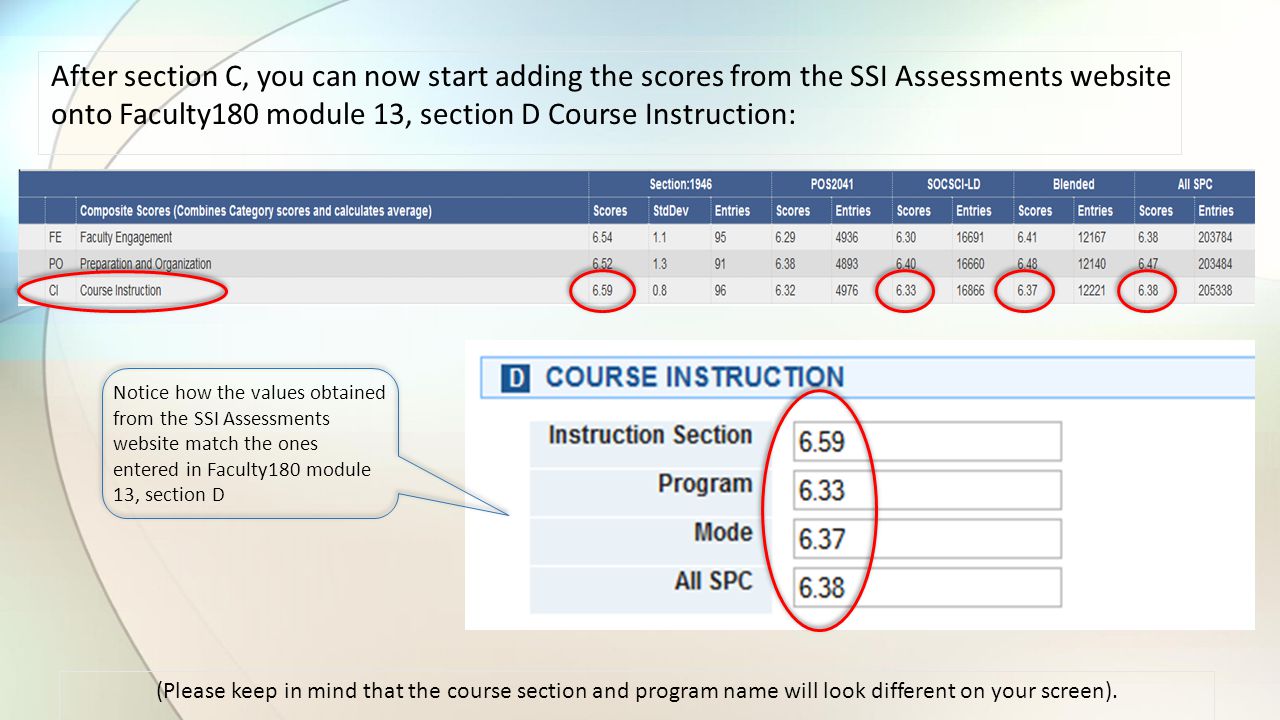 After section C, you can now start adding the scores from the SSI Assessments website onto Faculty180 module 13, section D Course Instruction: (Please keep in mind that the course section and program name will look different on your screen).
