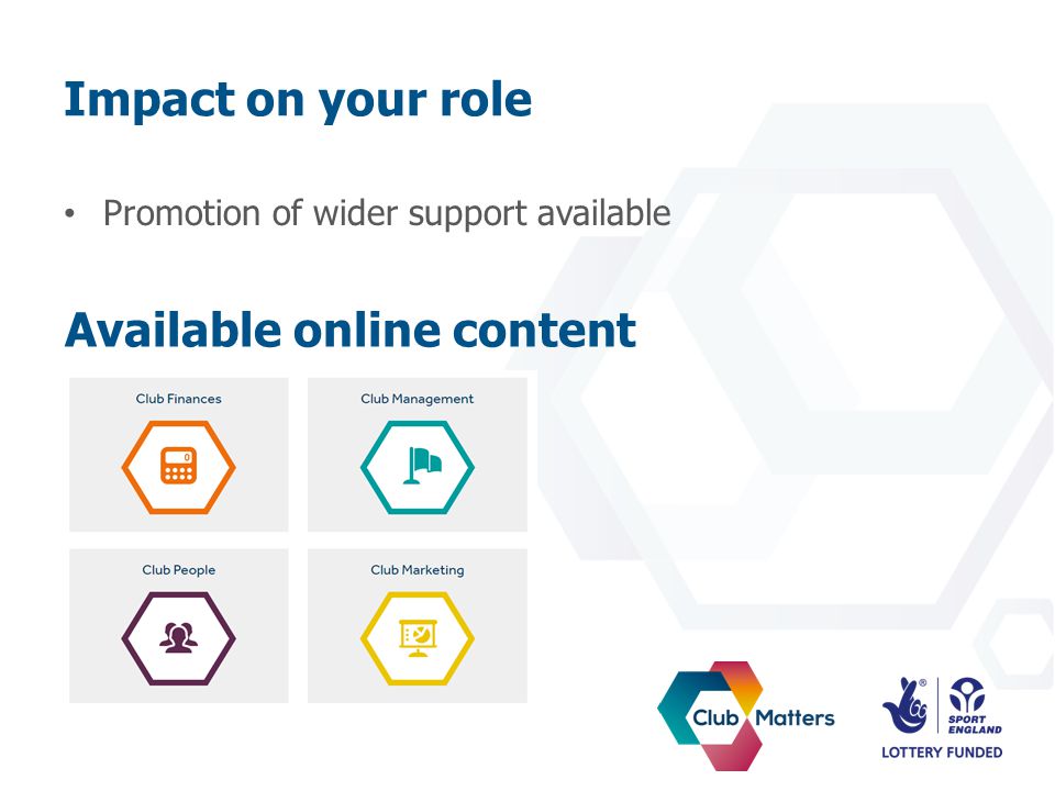 Impact on your role Promotion of wider support available Available online content